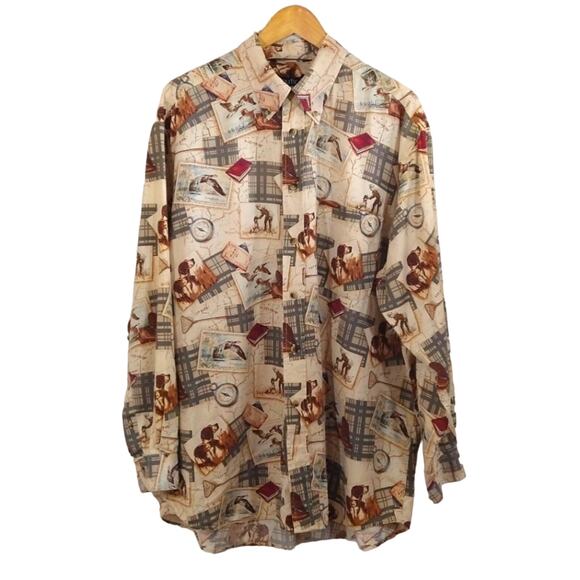 R Nautica Men's Outdoor Travel Stamp Print Long Sleeve Button Down Shirt Size XL - Picture 1 of 7